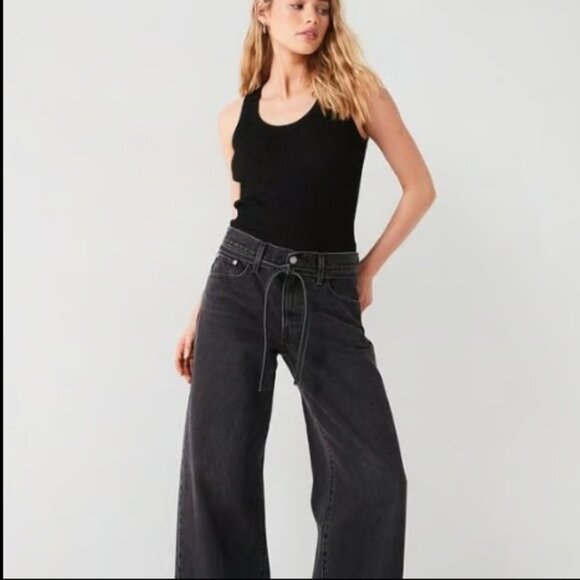 FREE PEOPLE LEVIS XL STRAIGHT WIDE LEG BELTED FADED BLACK JEANS NWT $108 28 w - Picture 2 of 11